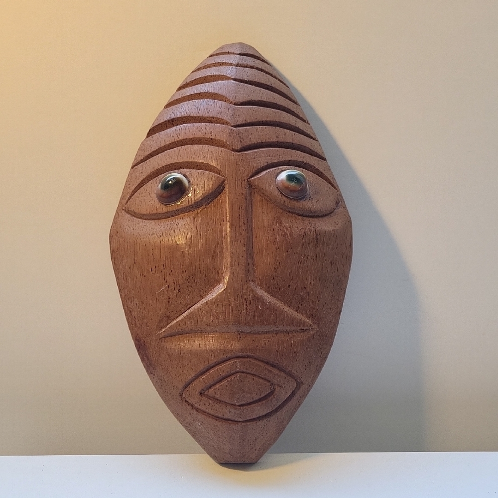 Artisan Carved Wooden Face With Glass Eyes